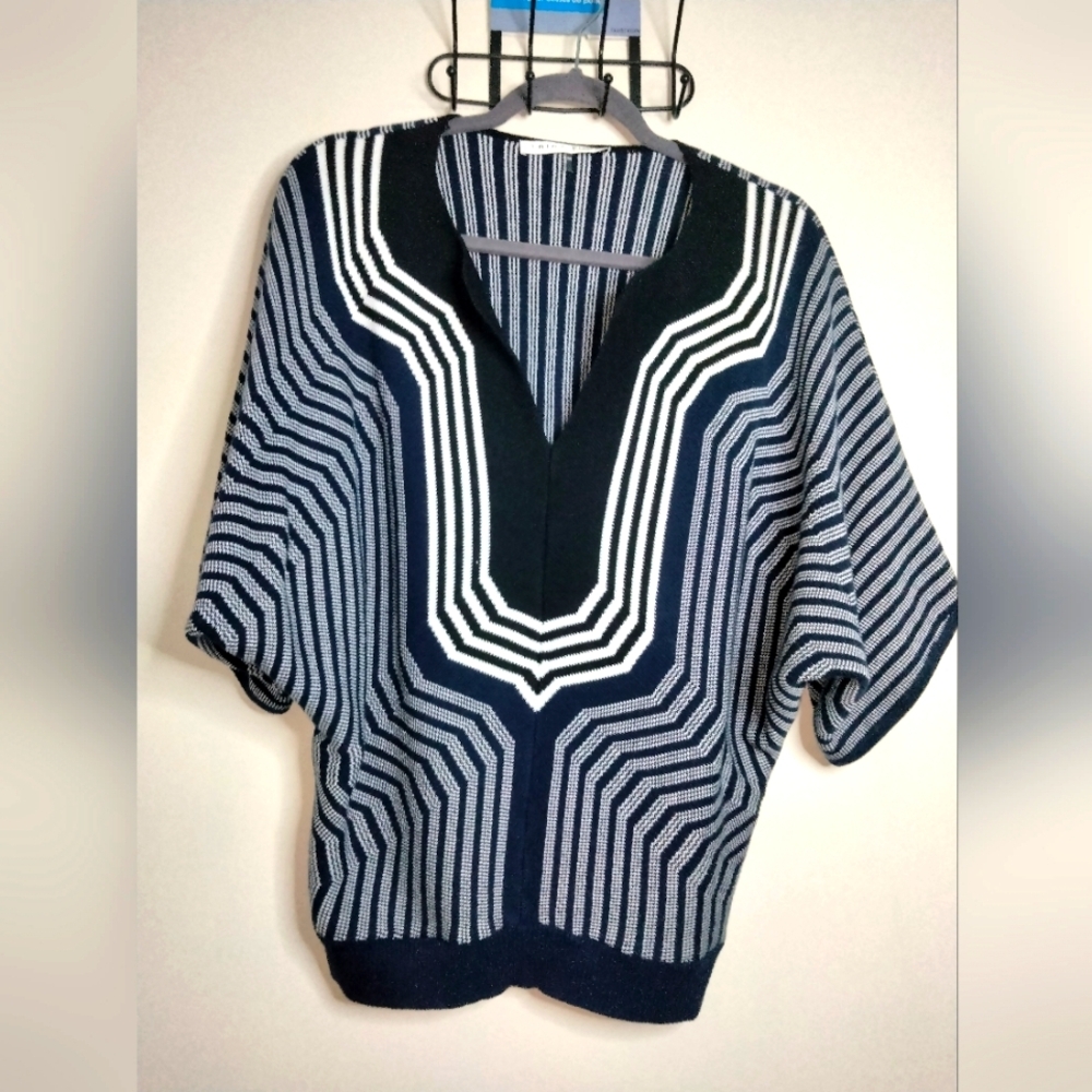 Trina Turk (Size S) Multicolor Stripe V-Neck Dolmain Sleeve Stretch Knit Sweater